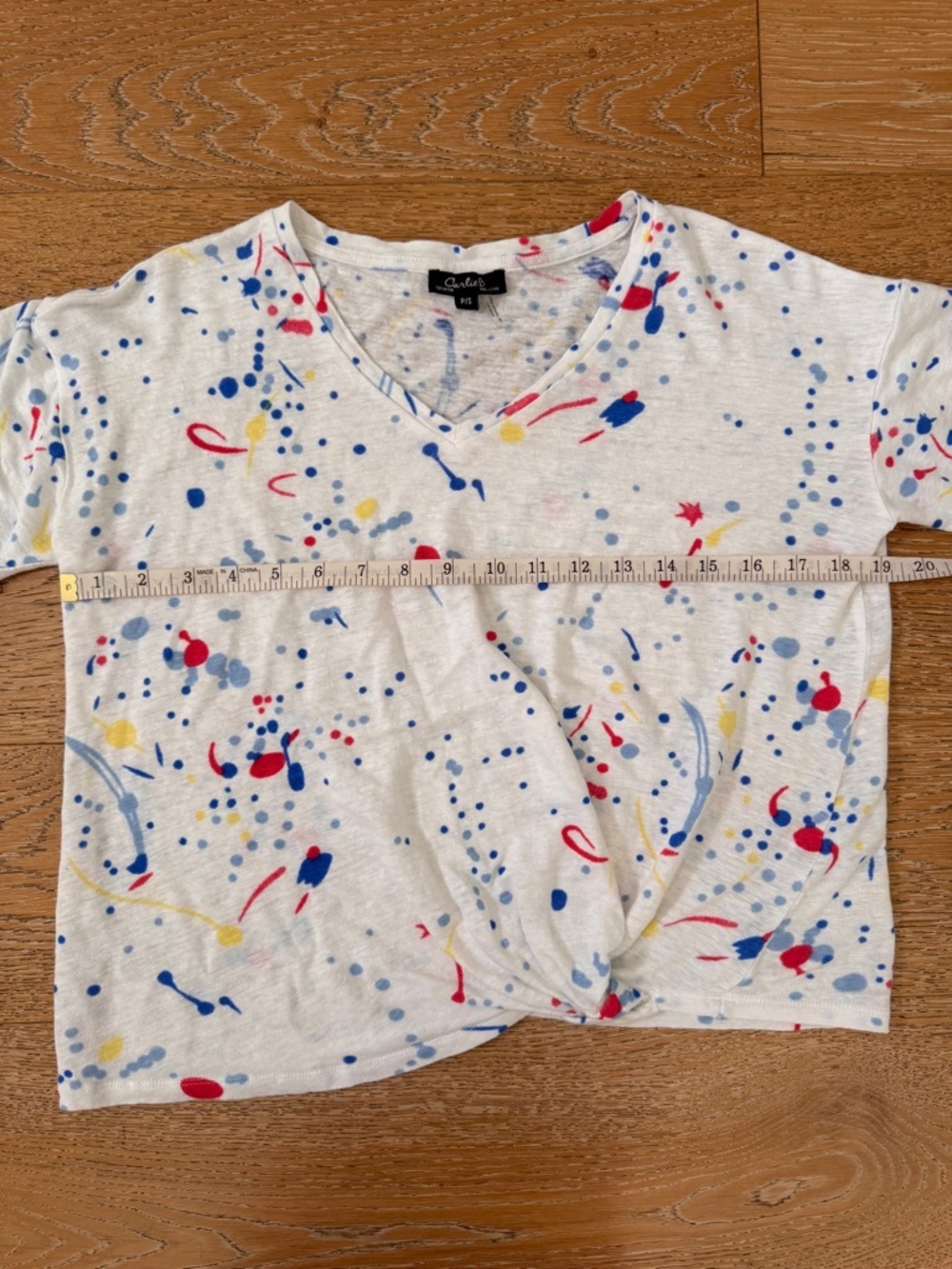 CHARLIE B White V-Neck Linen Short Sleeve Top with Multi Color Splash Print Sz S - Picture 6 of 10